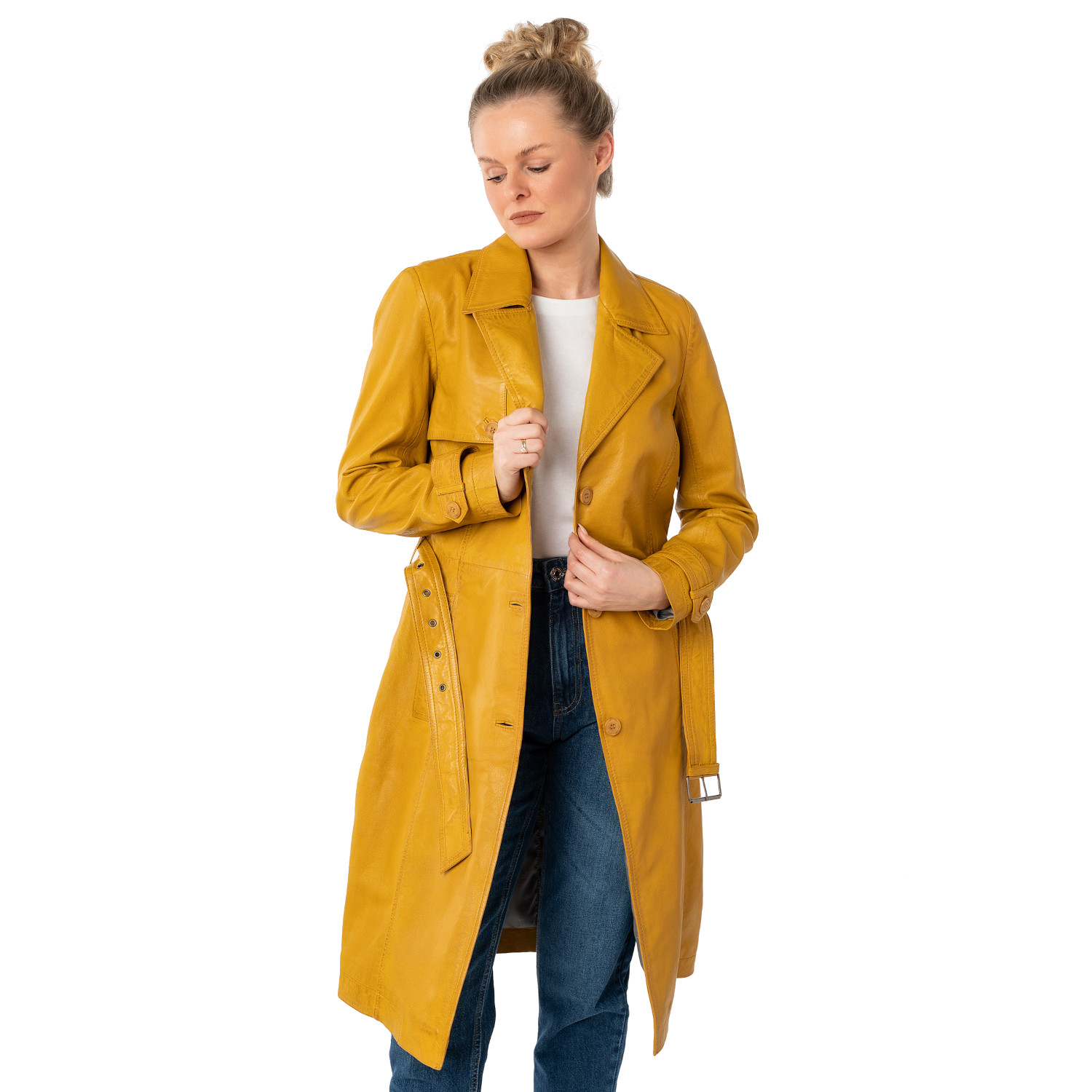 Geaca Lunga de Piele Dama Mauritius Galben Inchis MWLiya – Geci de Piele