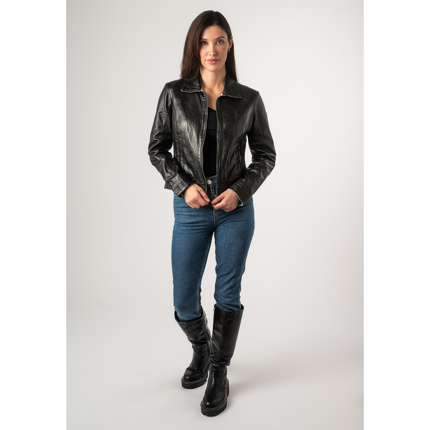 geaca piele naturala dama mauritius mwlusan neagra guler rever