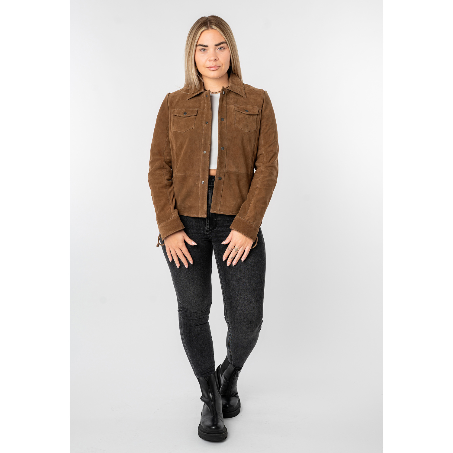 Cămașă de piele damă Mauritius MWMahali camel închis cu capse și guler clasic
