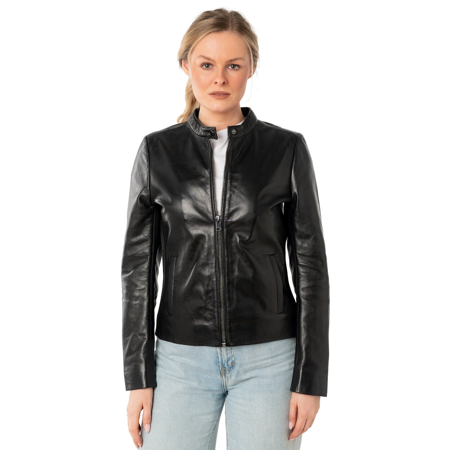 Geaca Piele Mauritius MWMair - Model Negru Minimalist geaca piele dama mauritius neagra mwmair slim fit insertii elastice laterale guler stand-up