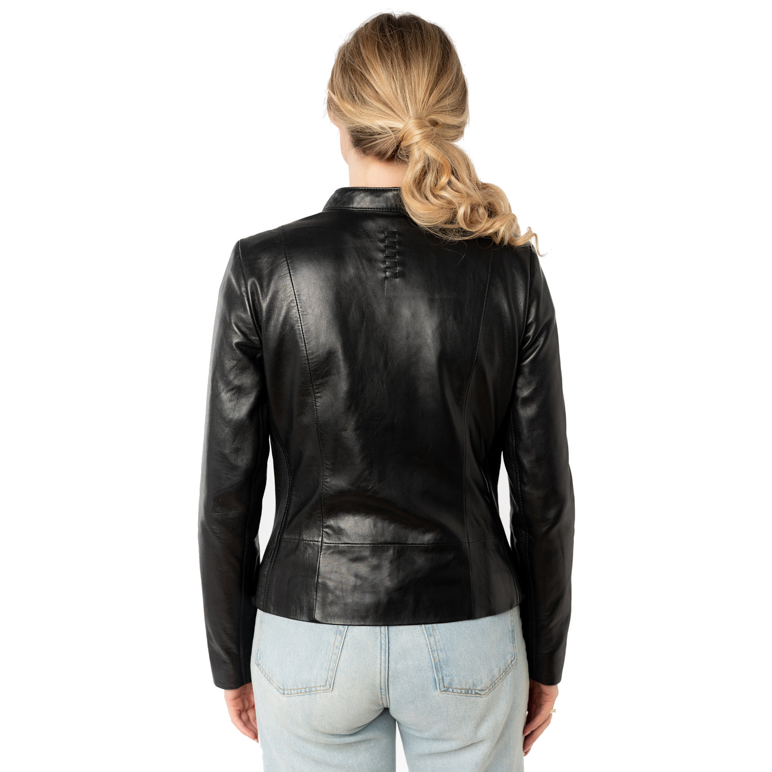 Geaca Piele Mauritius MWMair - Model Negru Minimalist geaca piele dama mauritius neagra mwmair slim fit insertii elastice laterale guler stand-up