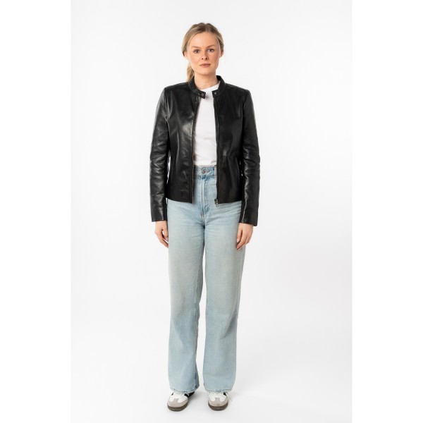 geaca piele dama mauritius neagra mwmair slim fit insertii elastice laterale guler stand-up — fotografia 5