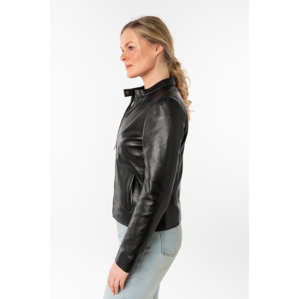 geaca piele dama mauritius neagra mwmair slim fit insertii elastice laterale guler stand-up — fotografia 7