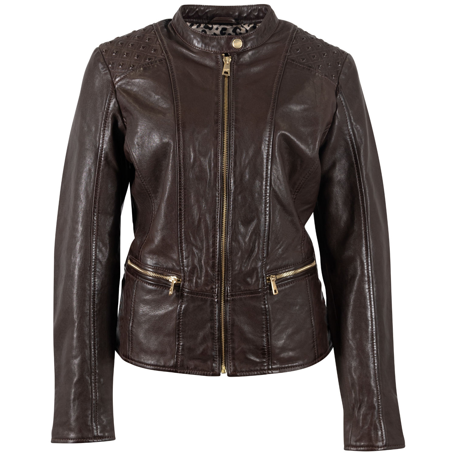 geaca piele dama mauritius castanie mwmakena fermoare aurii umeri embosati