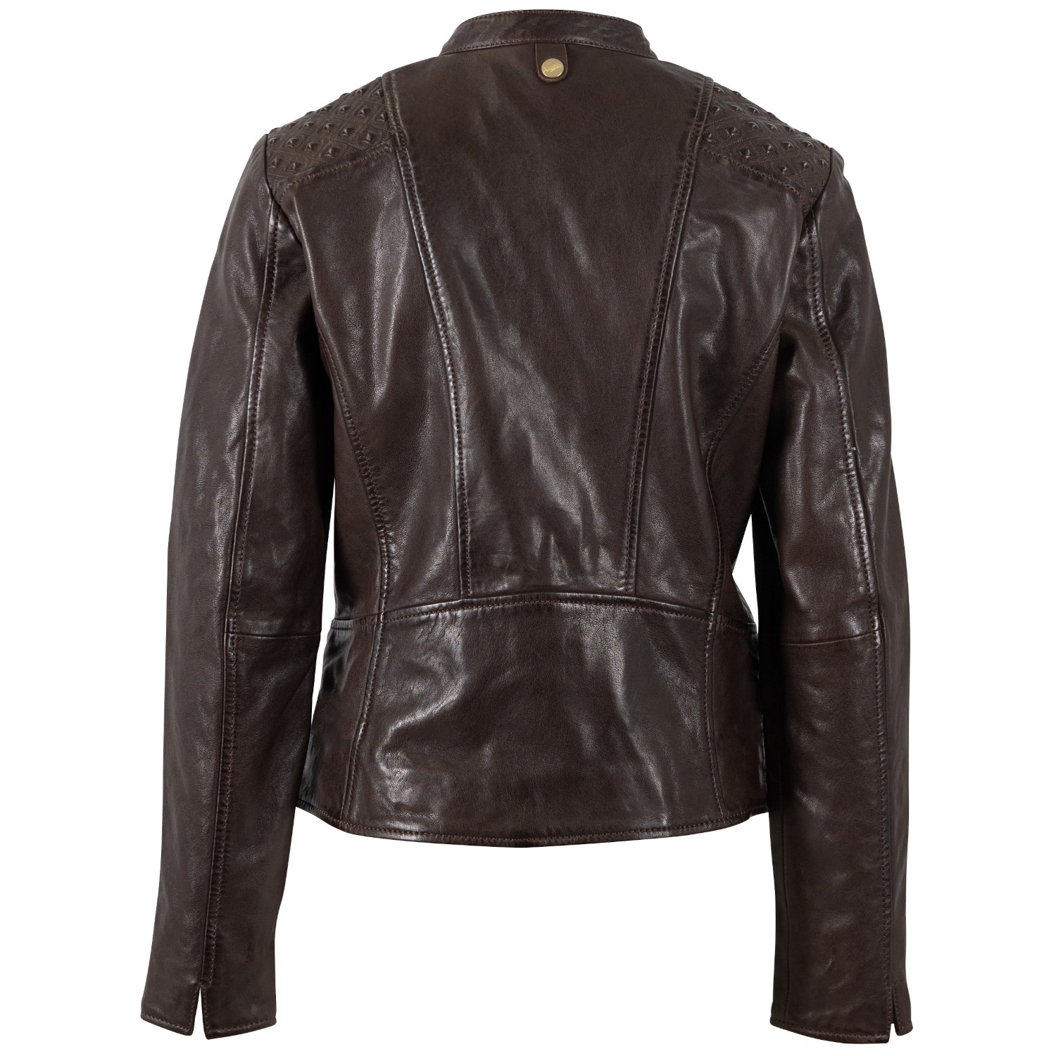 geaca piele dama mauritius castanie mwmakena fermoare aurii umeri embosati