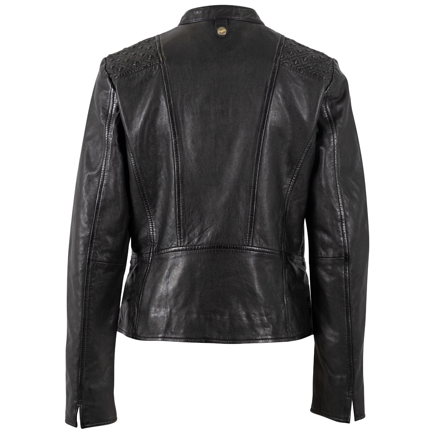 geaca piele dama mauritius neagra mwmakena fermoare aurii umeri embosati