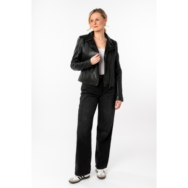 Geacă pentru femei Mauritius MWMishell, neagră – biker negru slim fit cu accente negre — fotografia 5