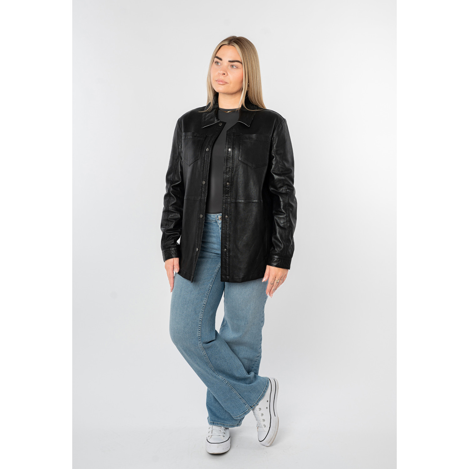 Cămașă lungă de piele damă neagră Mauritius MWNadya croială oversize