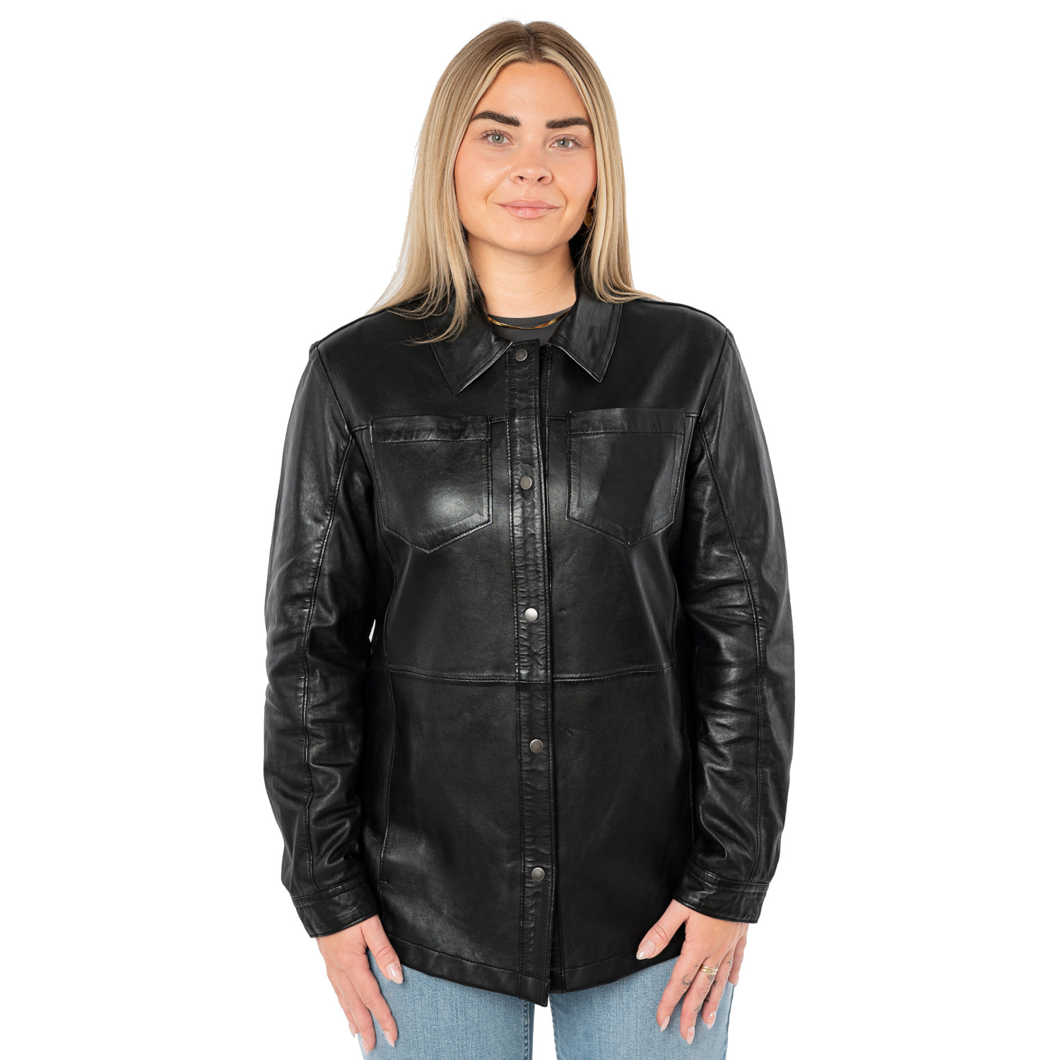 Cămașă lungă de piele damă neagră Mauritius MWNadya croială oversize