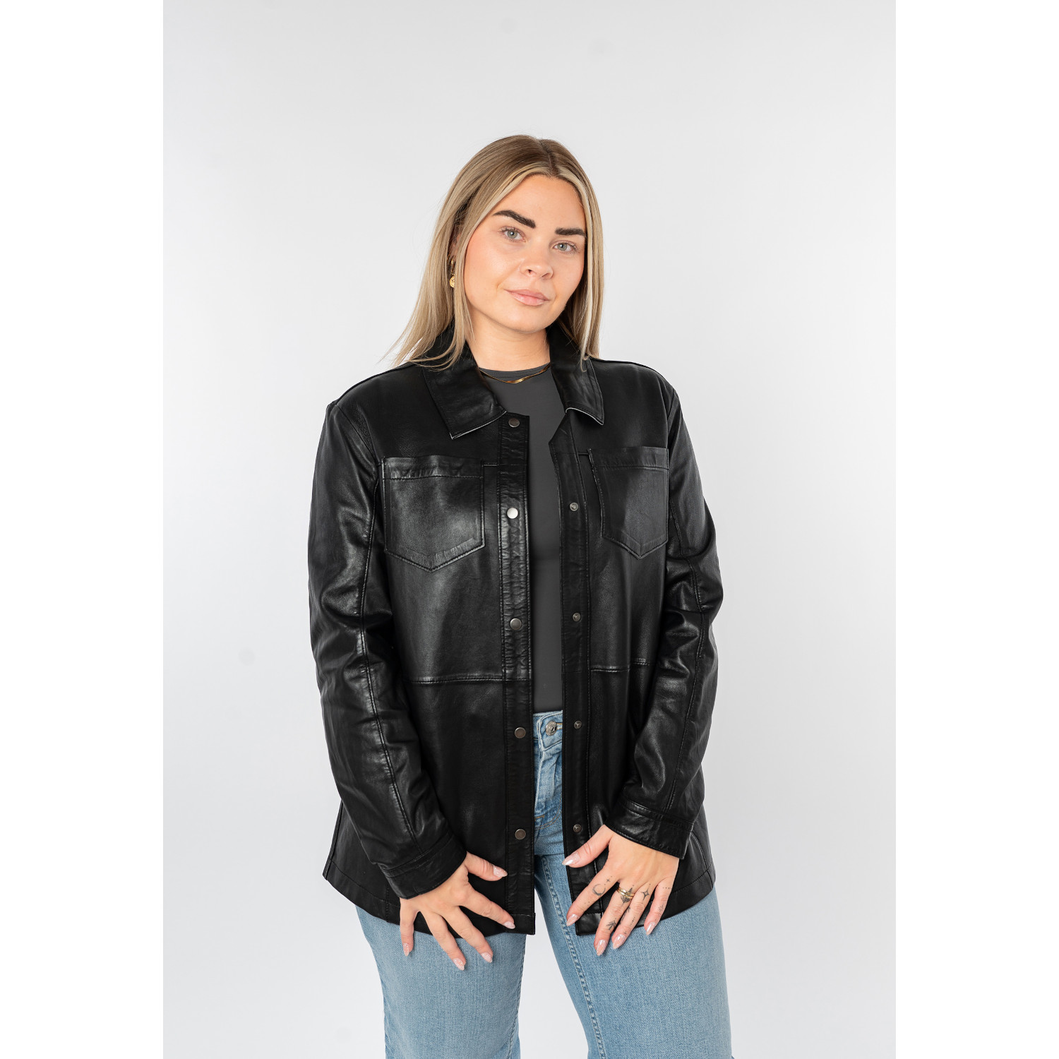 Cămașă lungă de piele damă neagră Mauritius MWNadya croială oversize