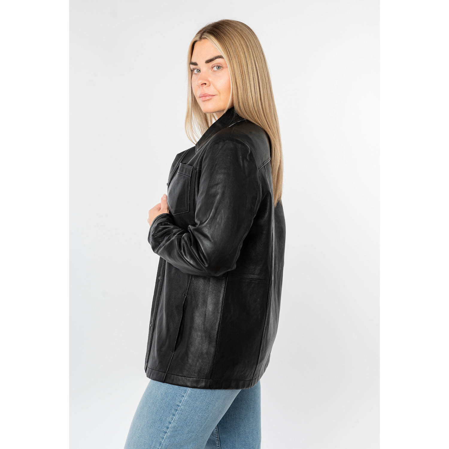 Cămașă lungă de piele damă neagră Mauritius MWNadya croială oversize