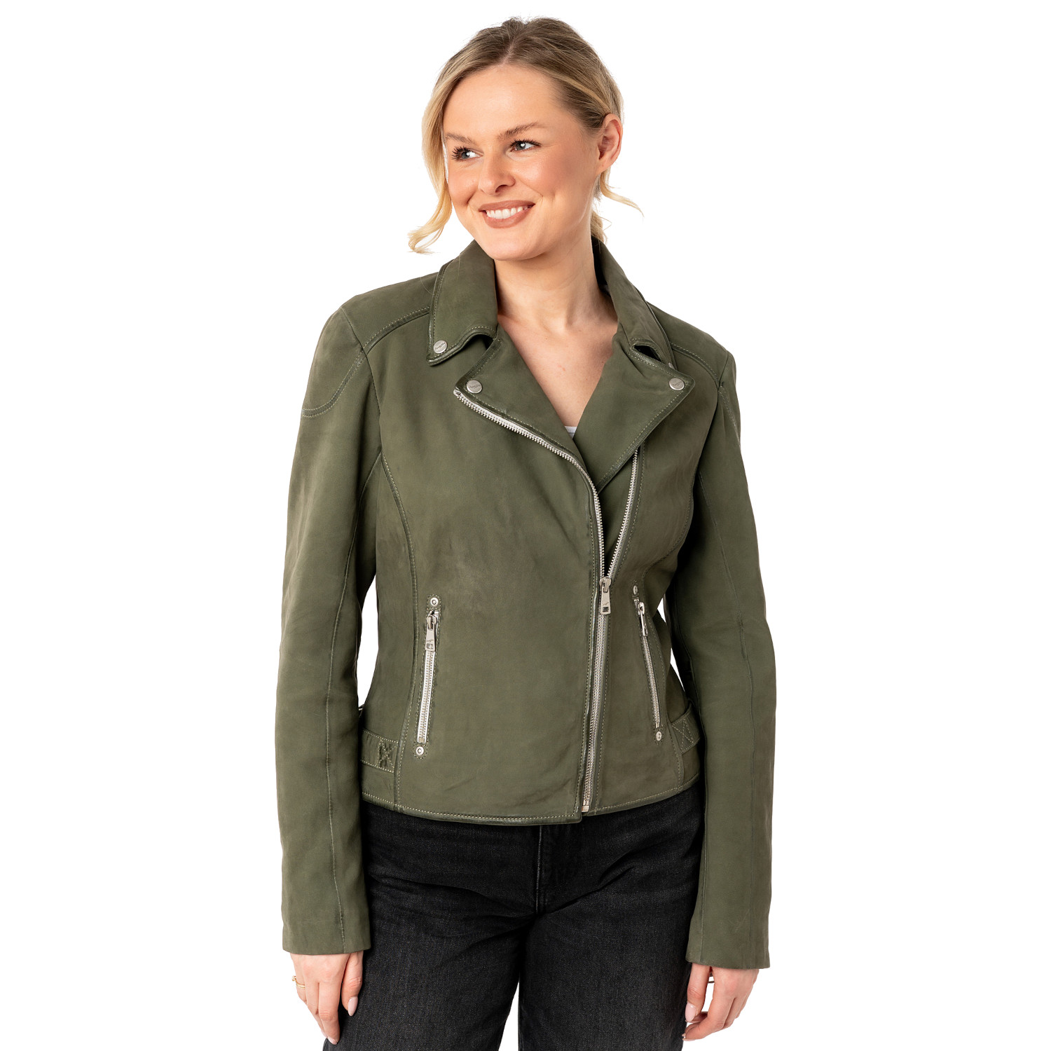 Geaca Piele Mauritius MWNalani - Stil Biker Verde Olive geaca piele naturala dama mauritius olive mwnalani biker vintage fara buzunar piept