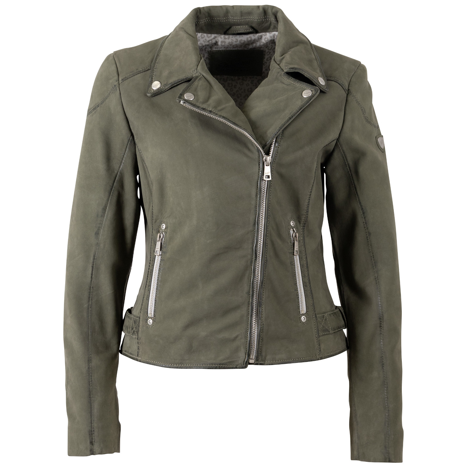 geaca piele naturala dama mauritius olive mwnalani biker vintage fara buzunar piept