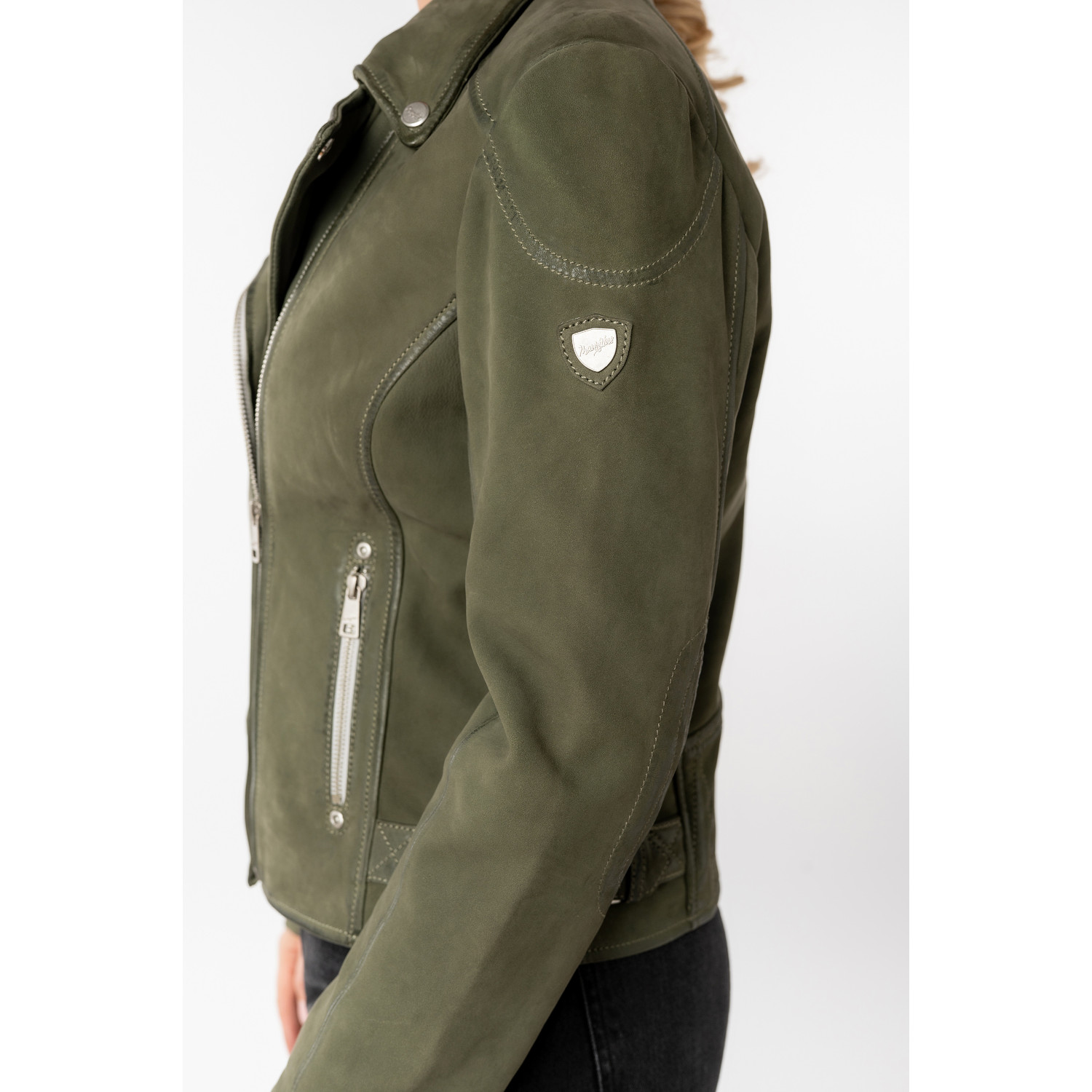 geaca piele naturala dama mauritius olive mwnalani biker vintage fara buzunar piept