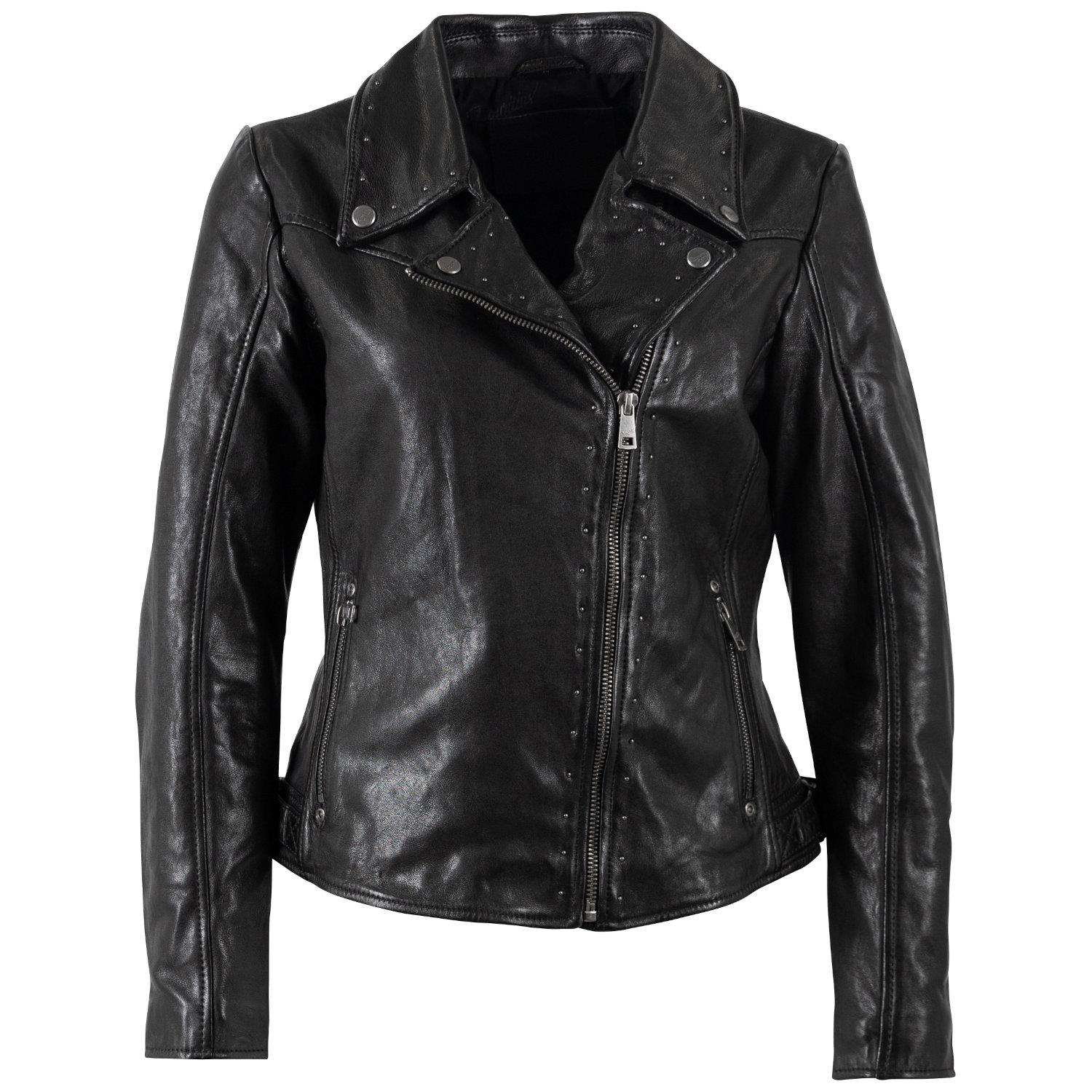 Geacă de Piele Damă Mauritius MWNOELLE Neagră – Model Biker cu Nituri geaca piele dama mauritius neagra mwnoelle fermoar asimetric nituri decorative