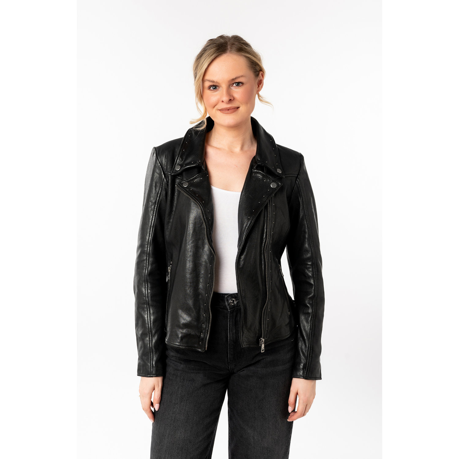 Geacă de Piele Damă Mauritius MWNOELLE Neagră – Model Biker cu Nituri geaca piele dama mauritius neagra mwnoelle fermoar asimetric nituri decorative