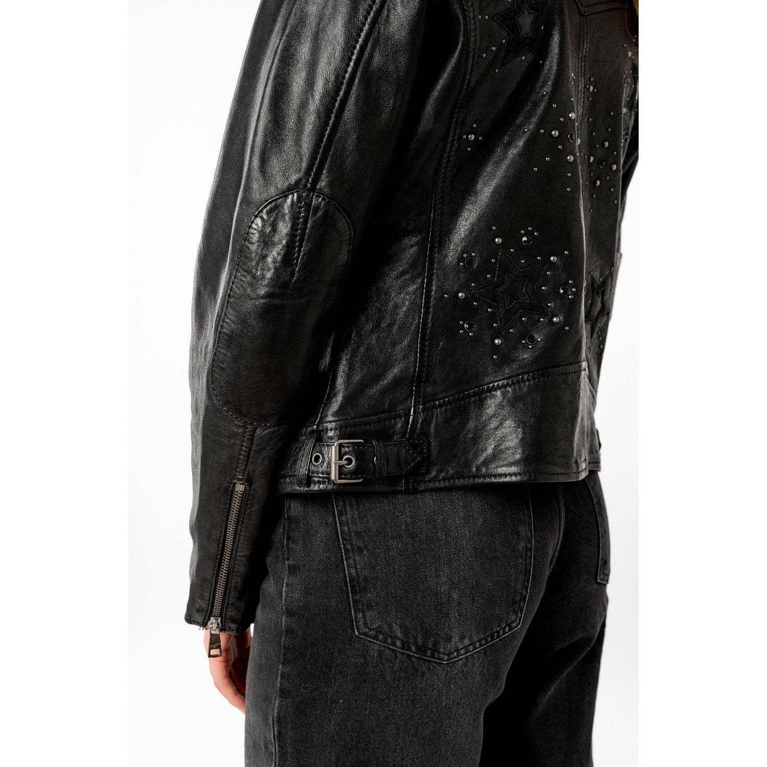 Geacă de Piele Damă Mauritius MWNOELLE Neagră – Model Biker cu Nituri geaca piele dama mauritius neagra mwnoelle fermoar asimetric nituri decorative