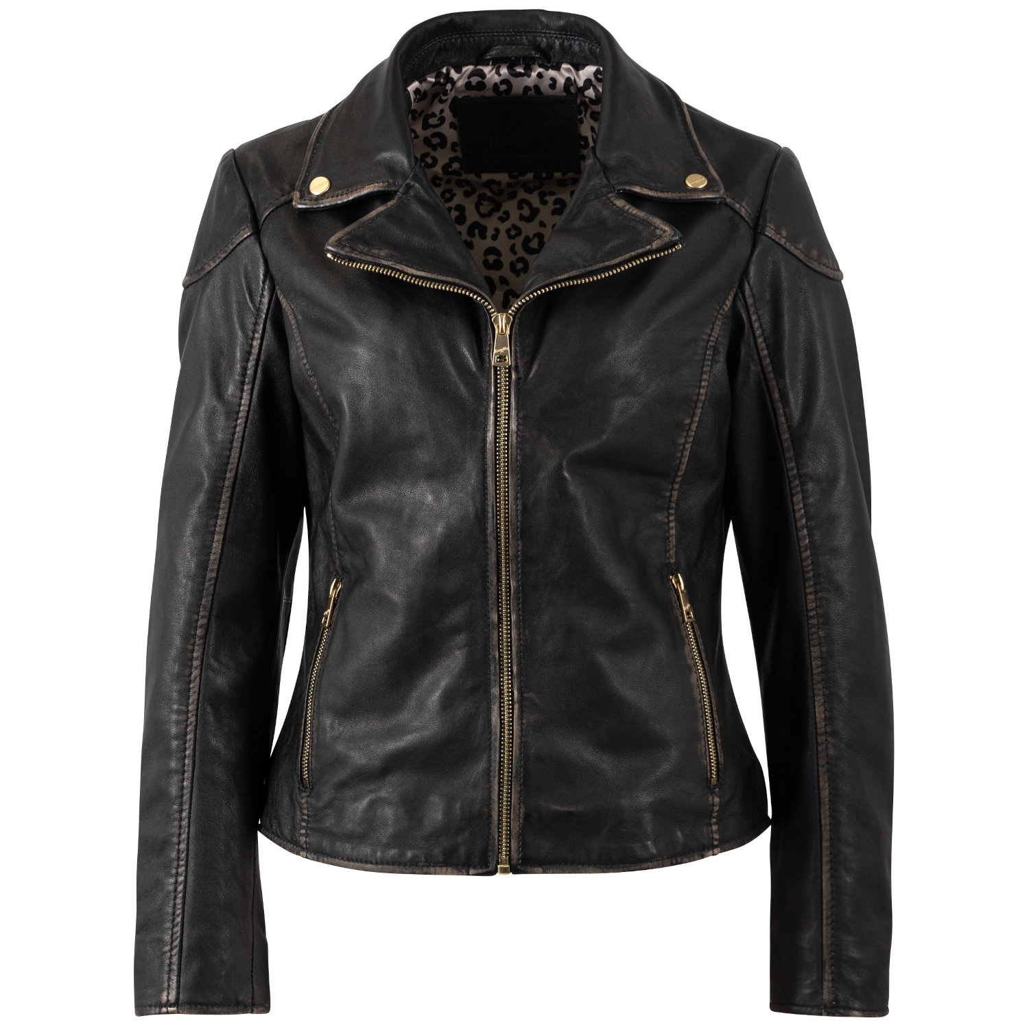 Mauritius MWPeetho – Geacă piele damă negru vintage cu accente aurii Geacă de piele damă negru bej Mauritius MWPeetho biker vintage cu fermoar auriu