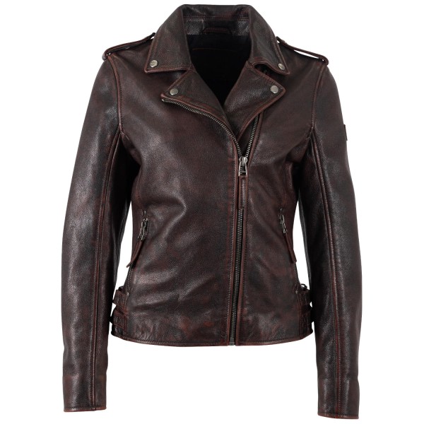Geacă pentru femei Mauritius MWPhoebe, visiniu vintage – biker cu fermoar asimetric și guler cu rever cu capse decorative — fotografia 3