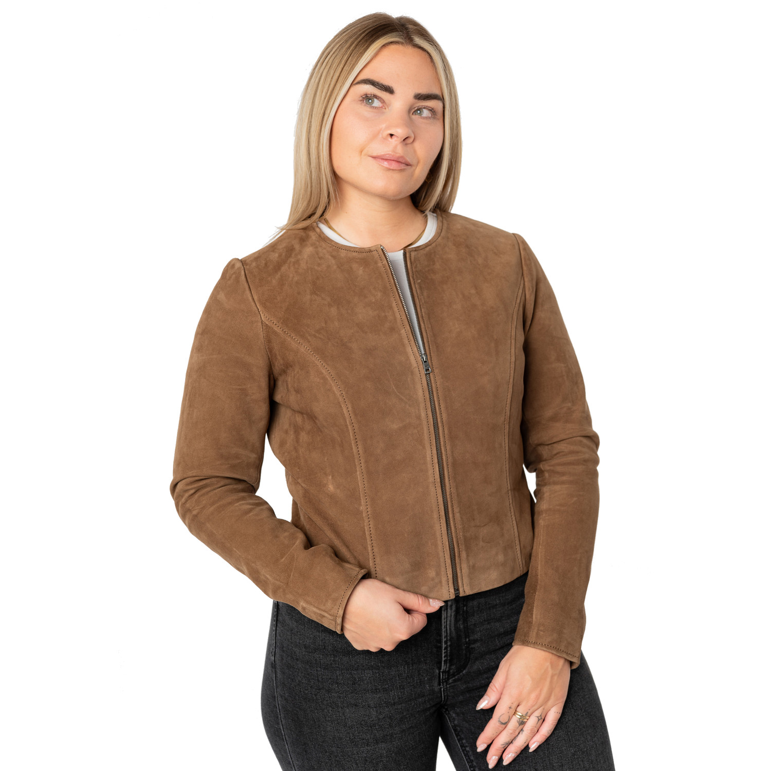 Geacă scurtă de piele damă camel închis Mauritius MWQuynn stil bolero
