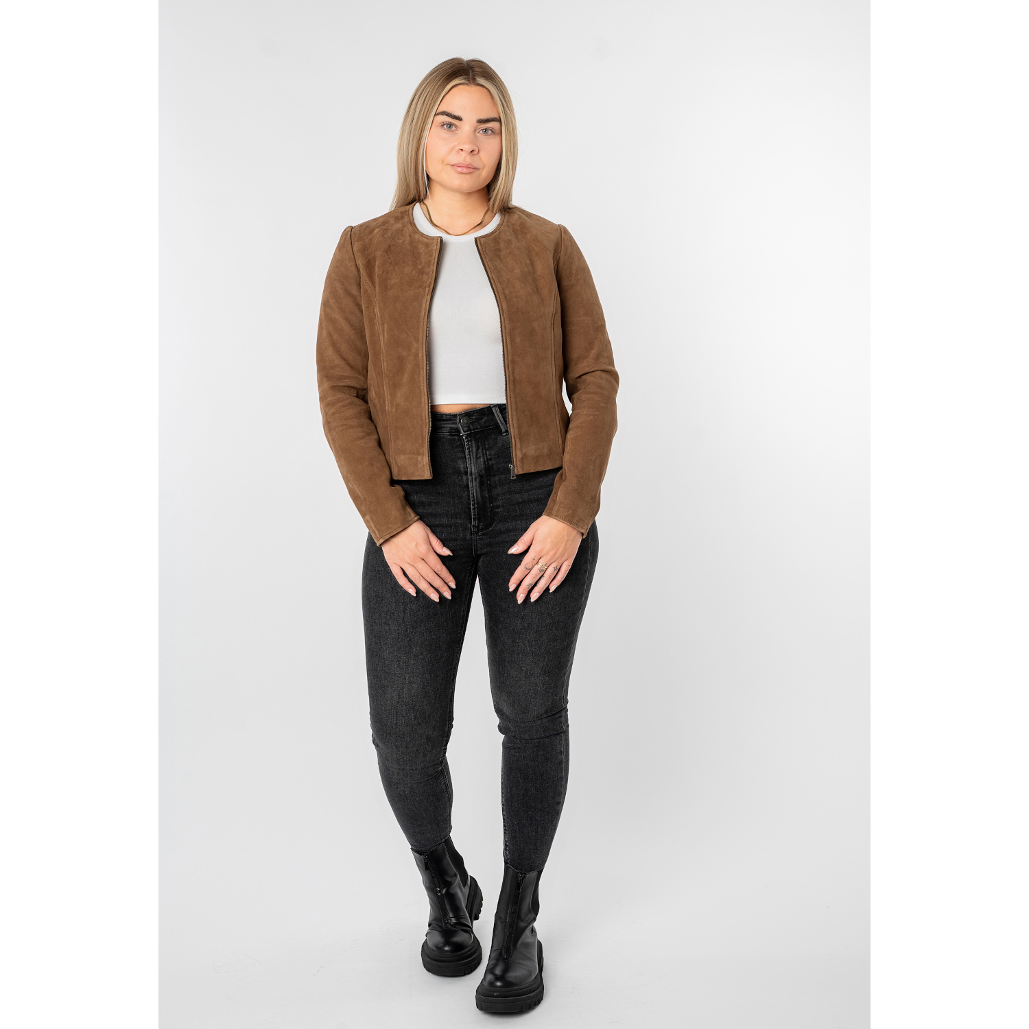 Geacă scurtă de piele damă camel închis Mauritius MWQuynn stil bolero