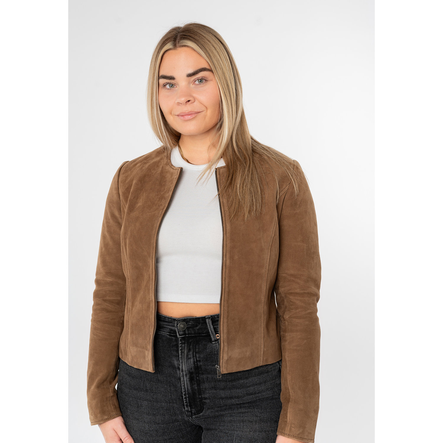 Geacă scurtă de piele damă camel închis Mauritius MWQuynn stil bolero