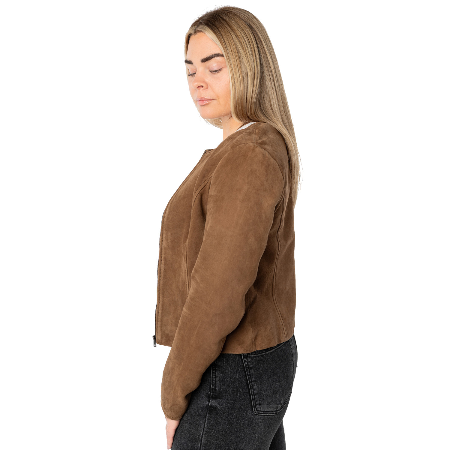 Mauritius MWQuynn - Geacă Piele Dama Scurtă Camel Închis - Bolero Elegant Modern Geacă scurtă de piele damă camel închis Mauritius MWQuynn stil bolero