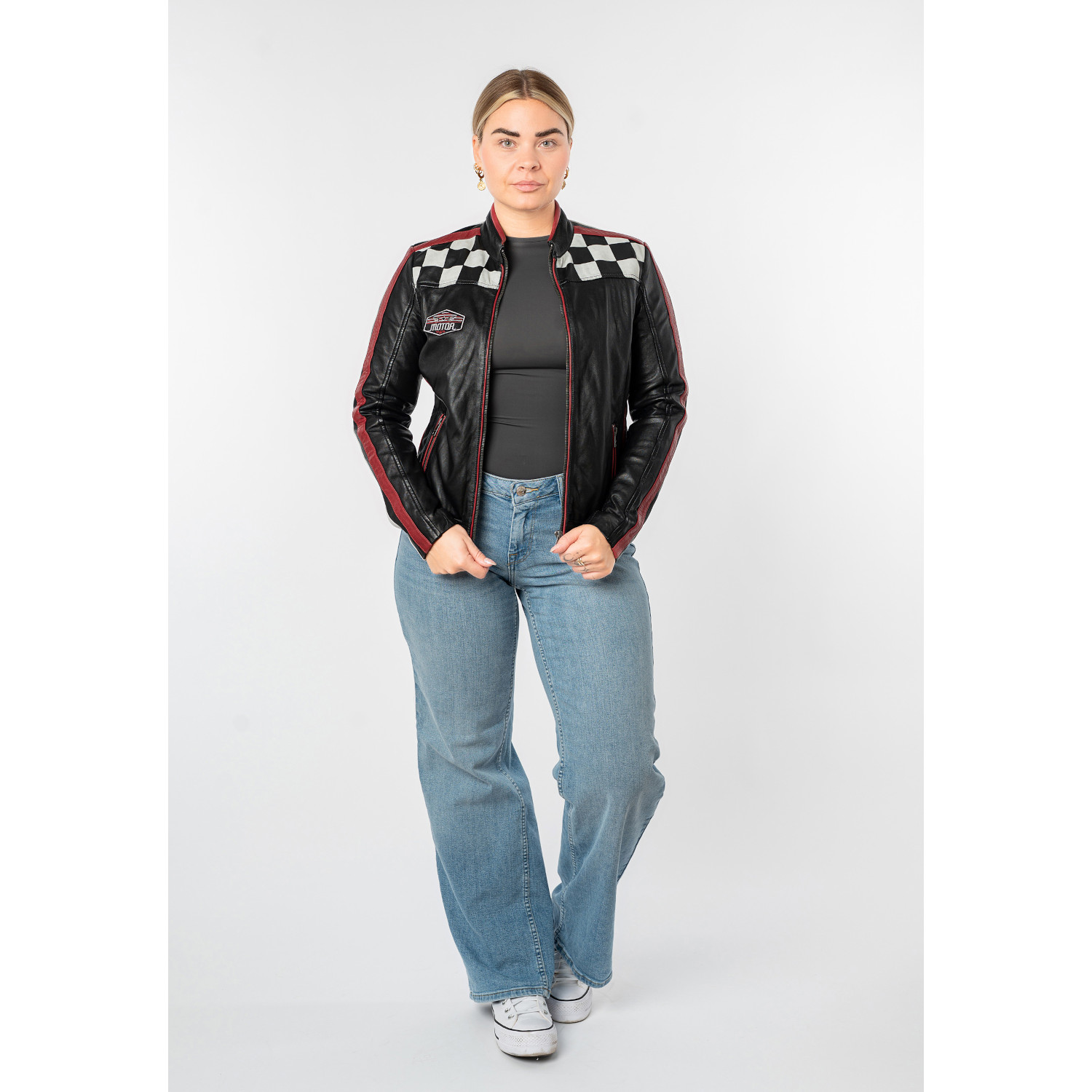 Geacă de piele damă Mauritius MWRena neagră slim fit stil biker racing