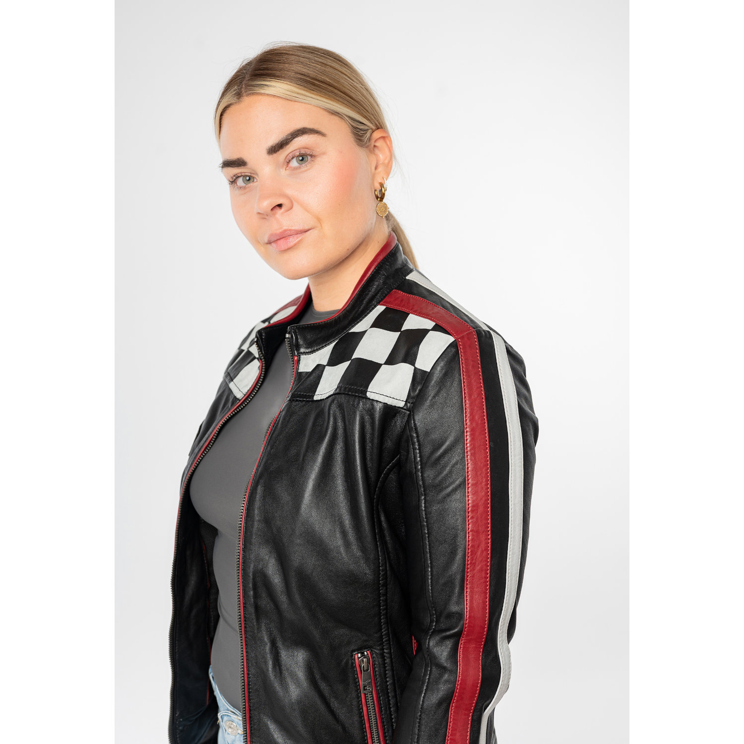 Geacă de piele damă Mauritius MWRena neagră slim fit stil biker racing