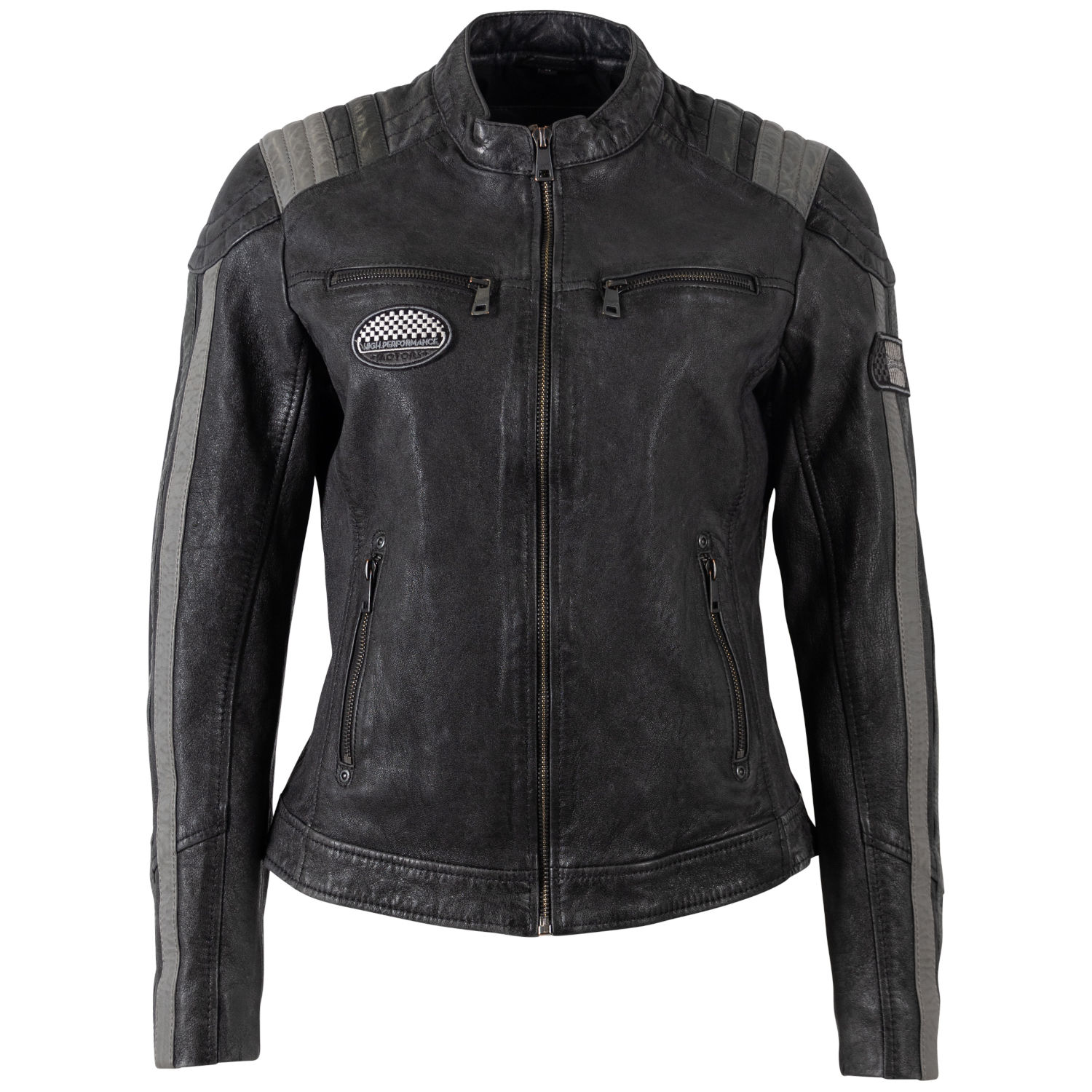 Geaca Piele Mauritius MWSpeeda - Detalii Racing Vintage geaca piele dama mauritius neagra mwspeeda stil racing umeri matlasati dungi gri