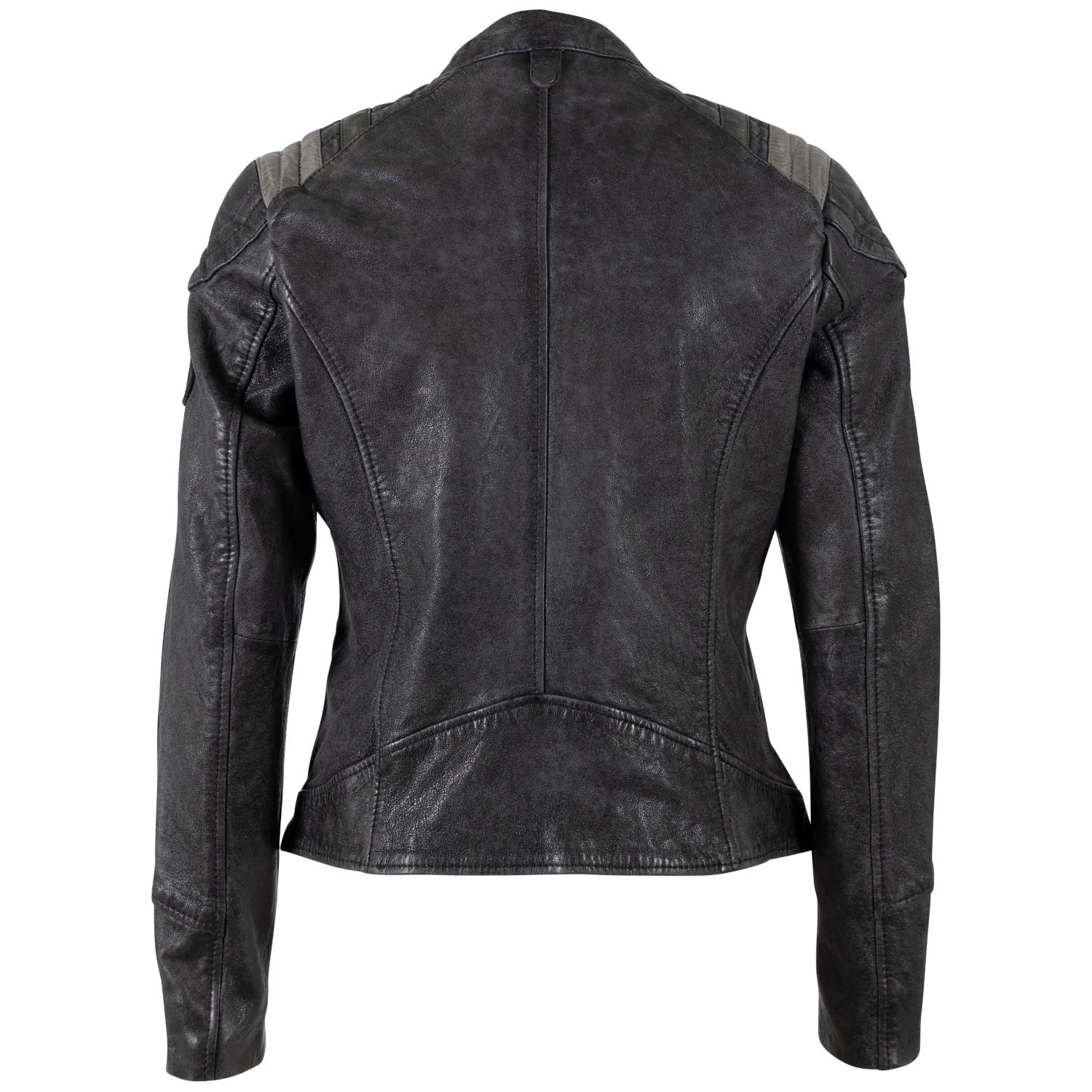 Geaca Piele Mauritius MWSpeeda - Detalii Racing Vintage geaca piele dama mauritius neagra mwspeeda stil racing umeri matlasati dungi gri