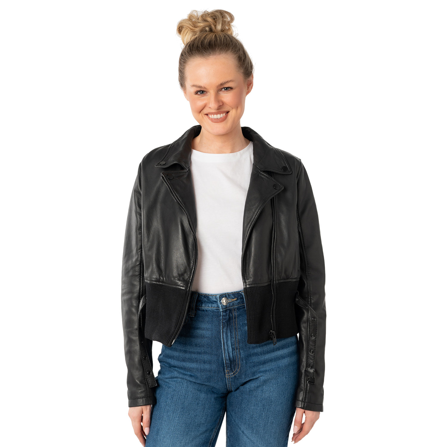 geaca piele dama mauritius neagra mwsunniva slim fit talie ripsata