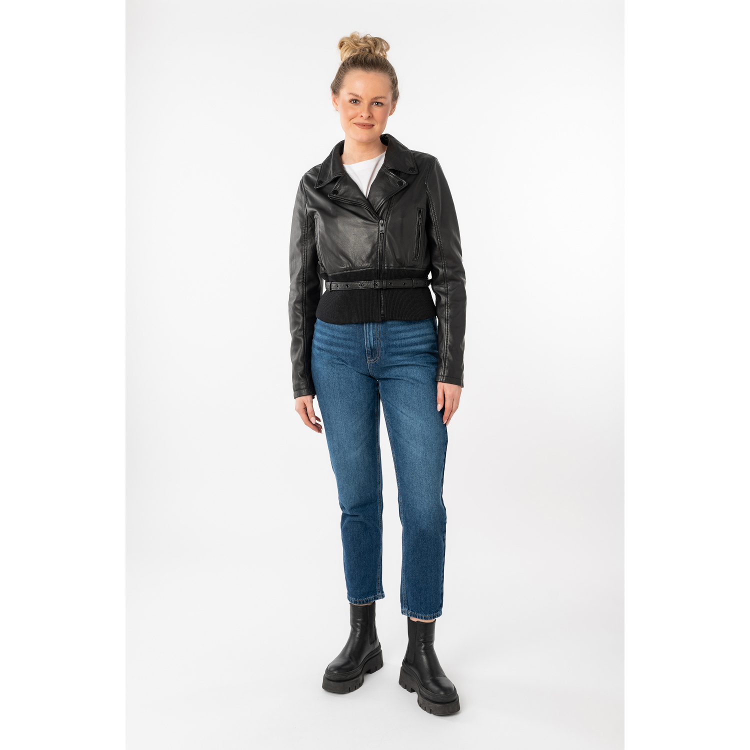 geaca piele dama mauritius neagra mwsunniva slim fit talie ripsata