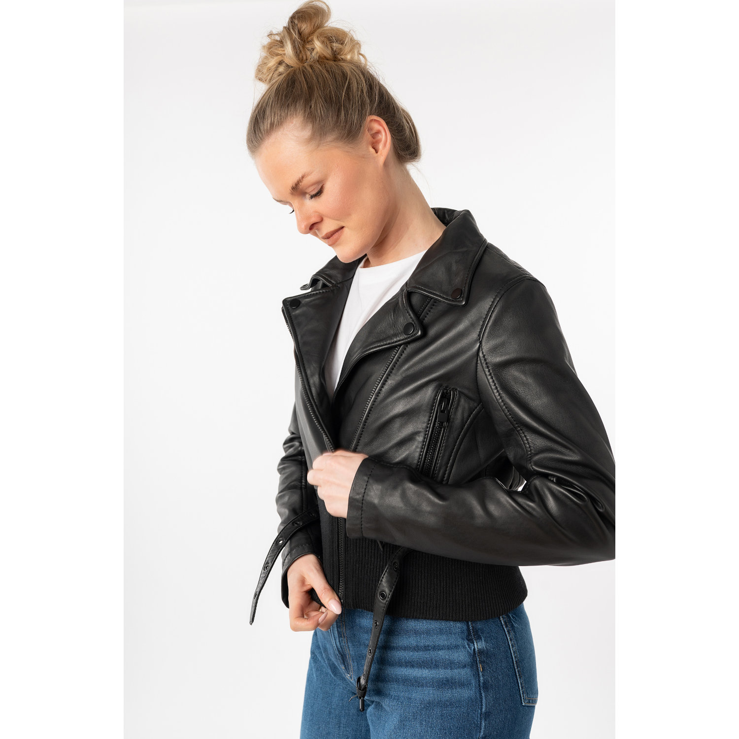 geaca piele dama mauritius neagra mwsunniva slim fit talie ripsata