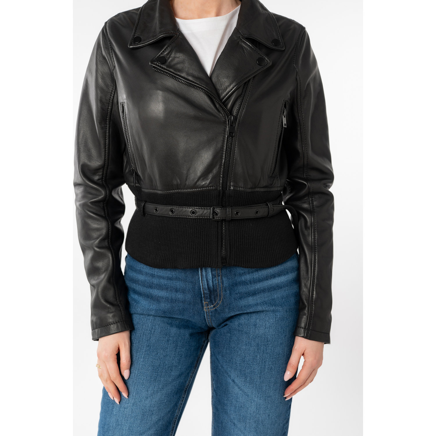 geaca piele dama mauritius neagra mwsunniva slim fit talie ripsata