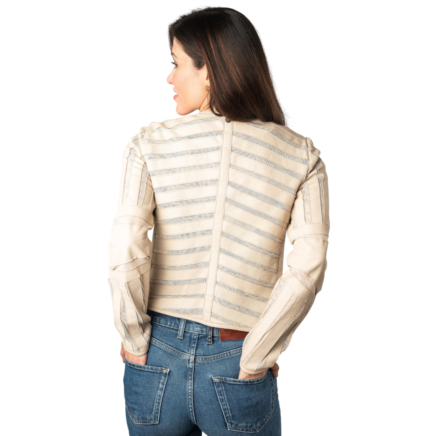 Geaca Piele Mauritius MWSuri - Design Bej cu Inserții Plasă geaca piele dama mauritius bej mwsuri fara guler decolteu rotund la baza gatului