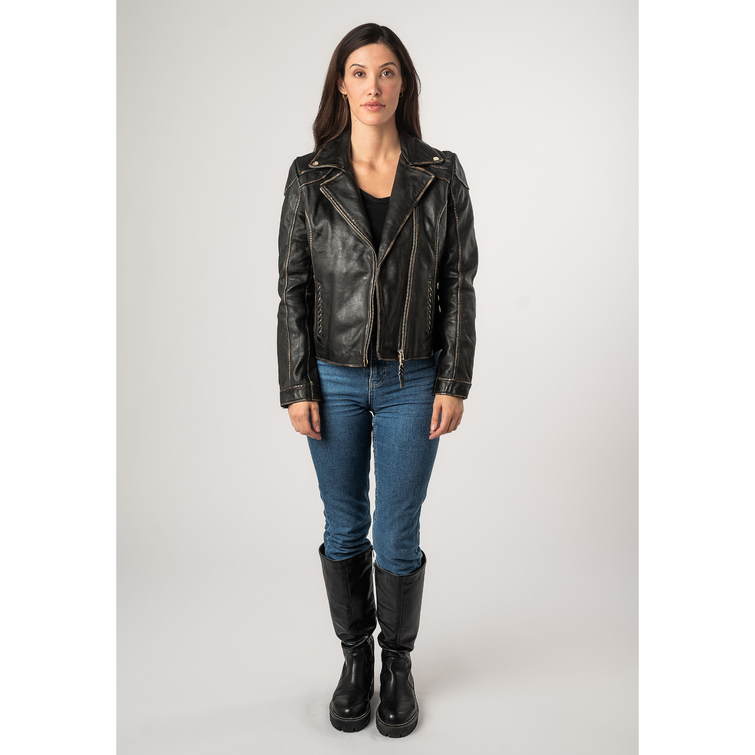 geaca piele naturala dama mauritius mwtaisha negru vintage