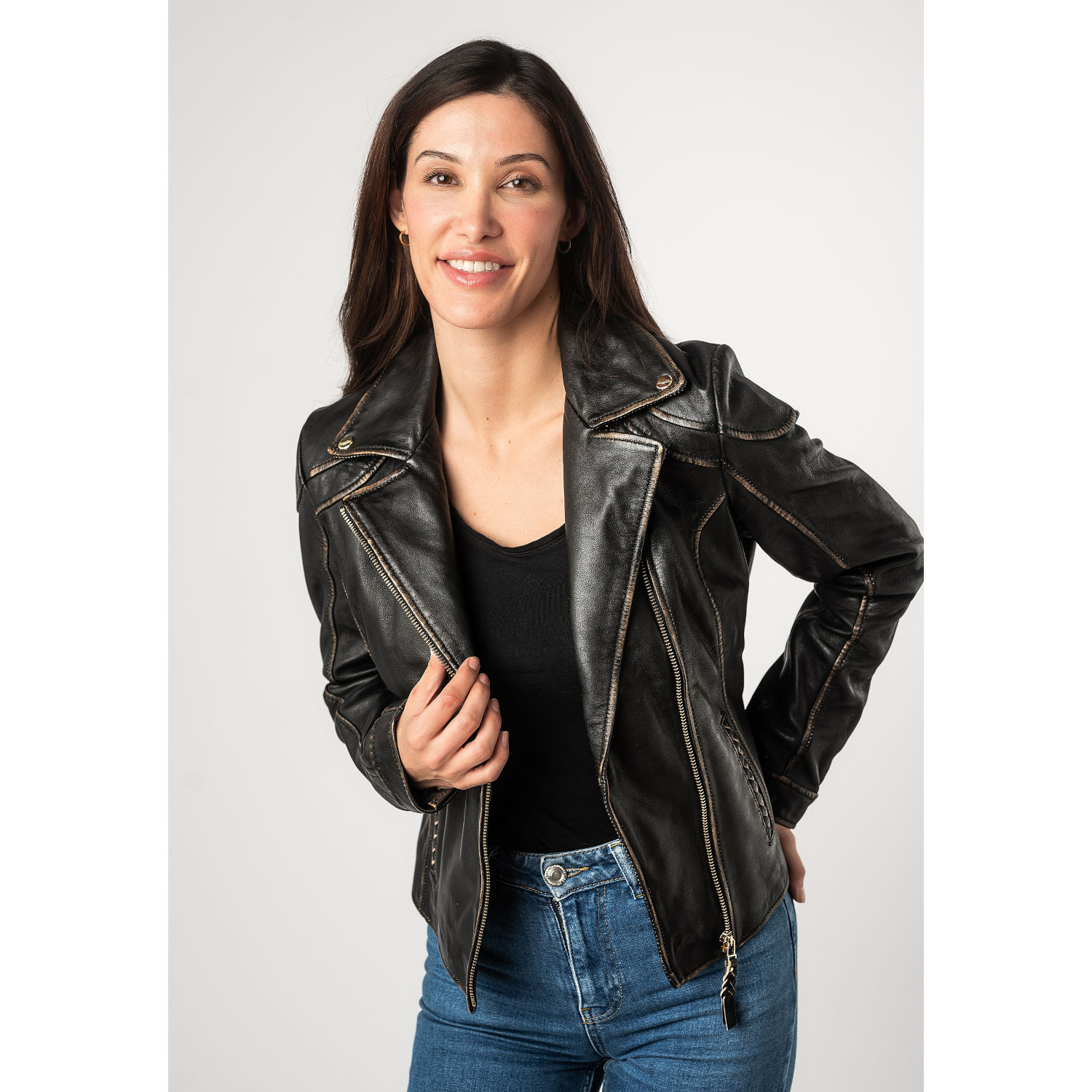 Geaca Piele Mauritius Mwtaisha - Stil Biker Vintage geaca piele naturala dama mauritius mwtaisha negru vintage