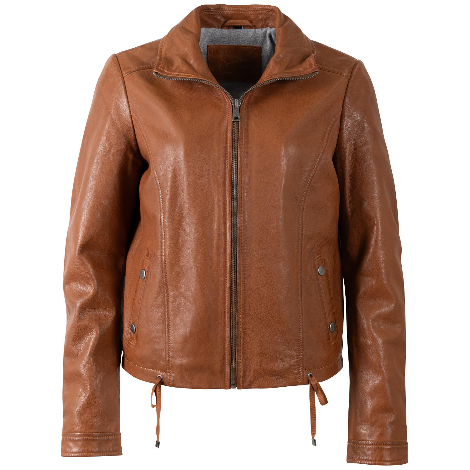 Geacă scurtă de piele damă coniac Mauritius MWWimpje cu fermoar și guler tip cămașă