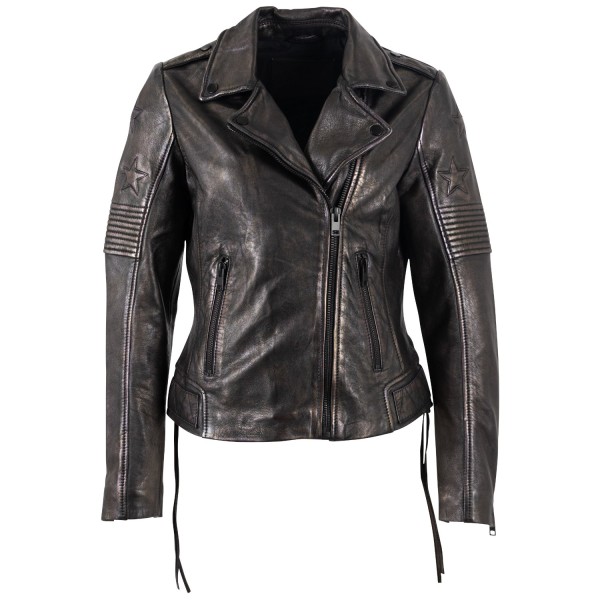 Geacă pentru femei Mauritius MWWona, negru/auriu – biker cu fermoar asimetric și guler cu rever cu capse decorative — fotografia 3