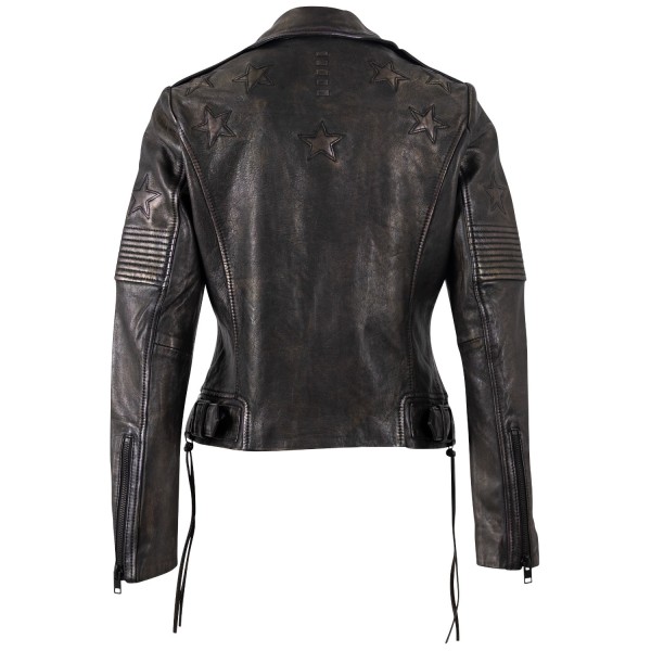 Geacă pentru femei Mauritius MWWona, negru/auriu – biker cu fermoar asimetric și guler cu rever cu capse decorative — fotografia 4