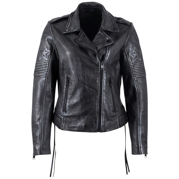 Geacă pentru femei Mauritius MWWona, negru/bleumarin – biker cu fermoar asimetric și guler cu rever cu capse decorative — fotografia 3