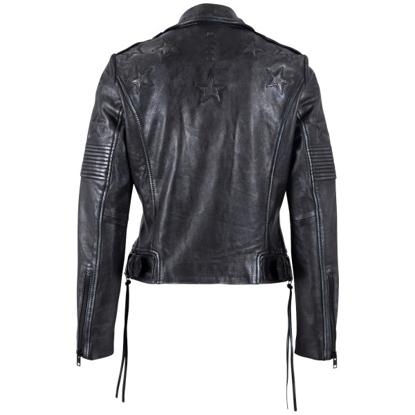 Geacă pentru femei Mauritius MWWona, negru/bleumarin – biker cu fermoar asimetric și guler cu rever cu capse decorative — fotografia 4