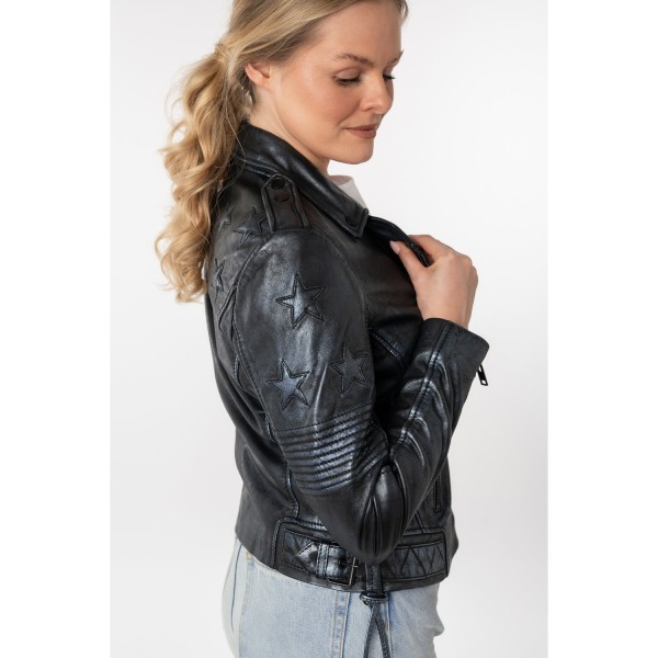 Geacă pentru femei Mauritius MWWona, negru/bleumarin – biker cu fermoar asimetric și guler cu rever cu capse decorative — fotografia 6