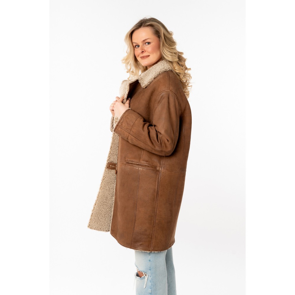 Geaca Lunga de Iarna din Piele Dama Mauritius Camel MWXofia - readytowear