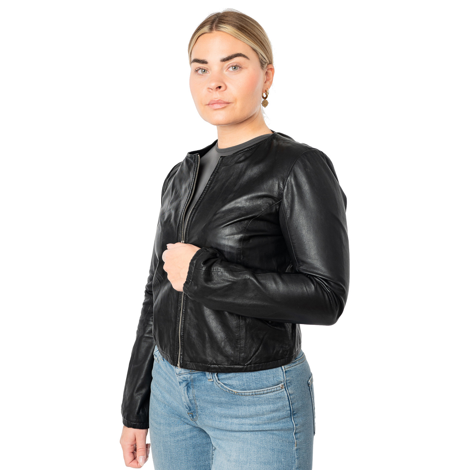 Mauritius MWYanna geacă scurtă de piele damă neagră bolero elegant Geacă scurtă de piele damă Mauritius MWYanna neagră tip bolero stil minimalist