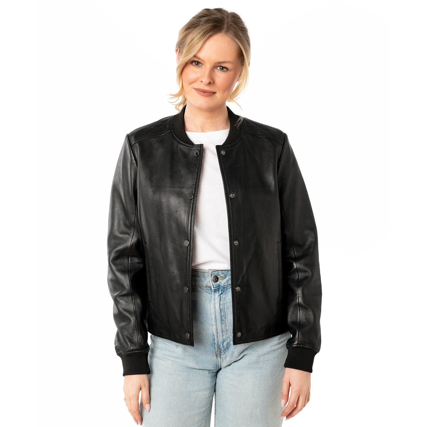 geaca piele dama mauritius neagra mwyele stil bomber capse mansete elastice