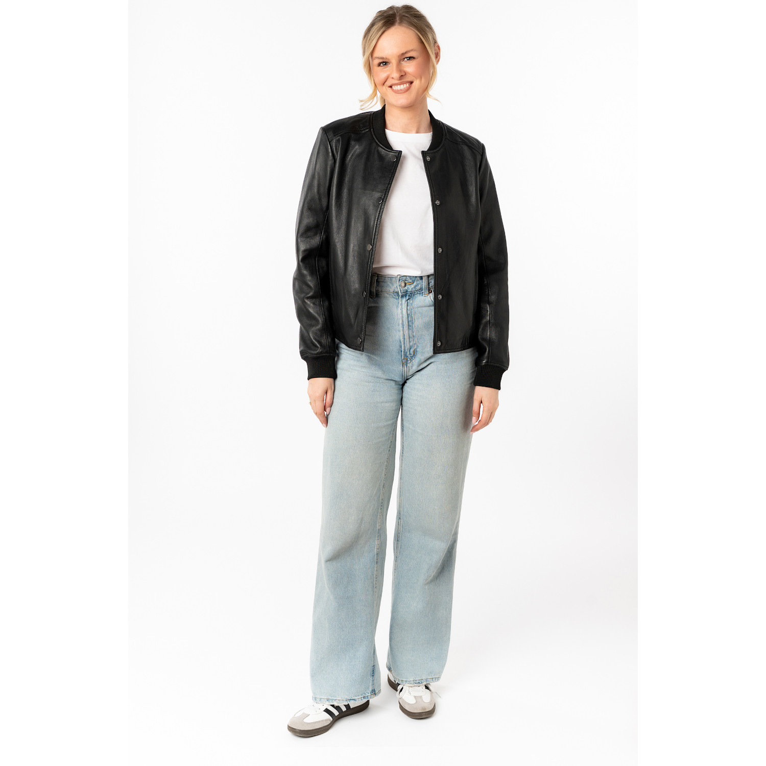 geaca piele dama mauritius neagra mwyele stil bomber capse mansete elastice