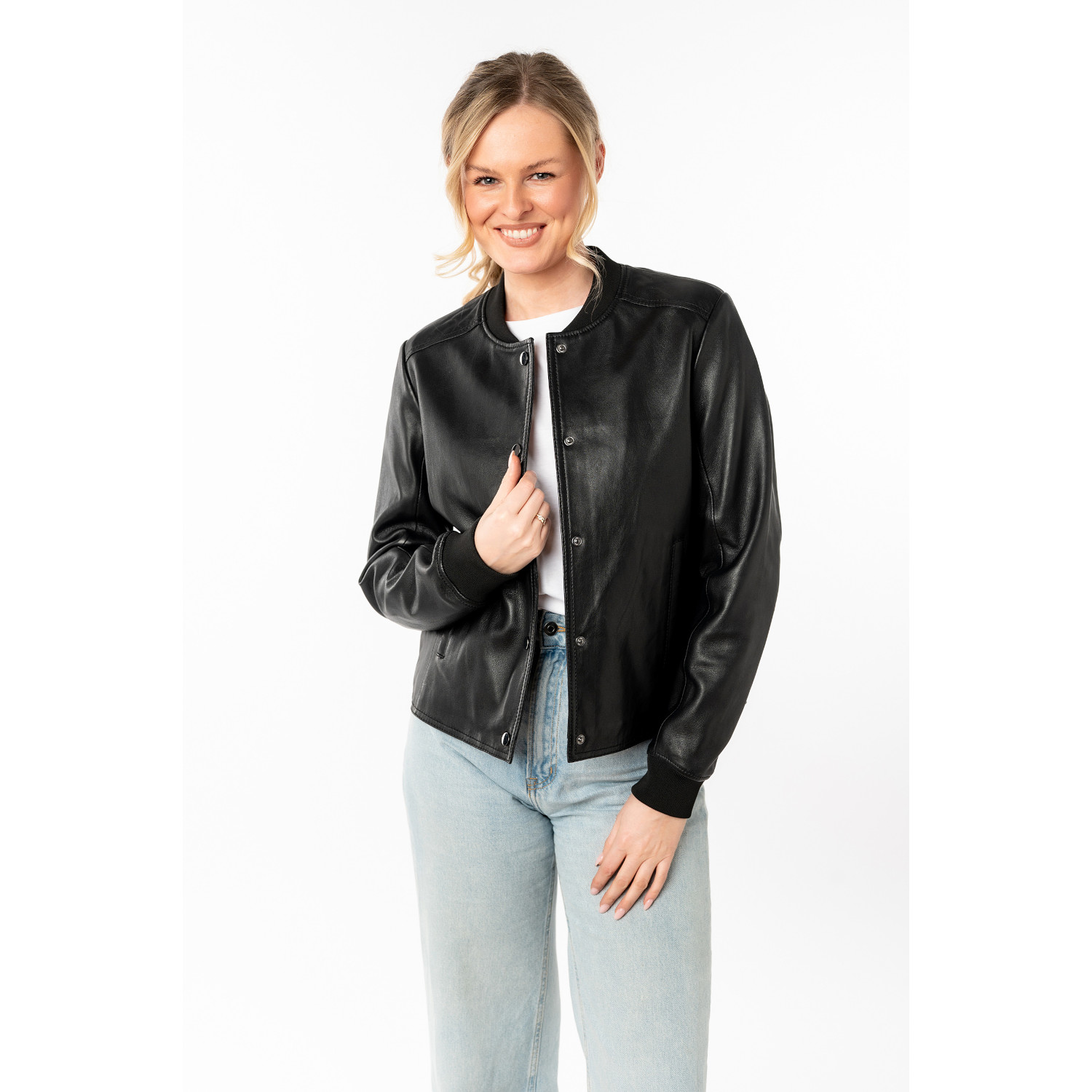 geaca piele dama mauritius neagra mwyele stil bomber capse mansete elastice