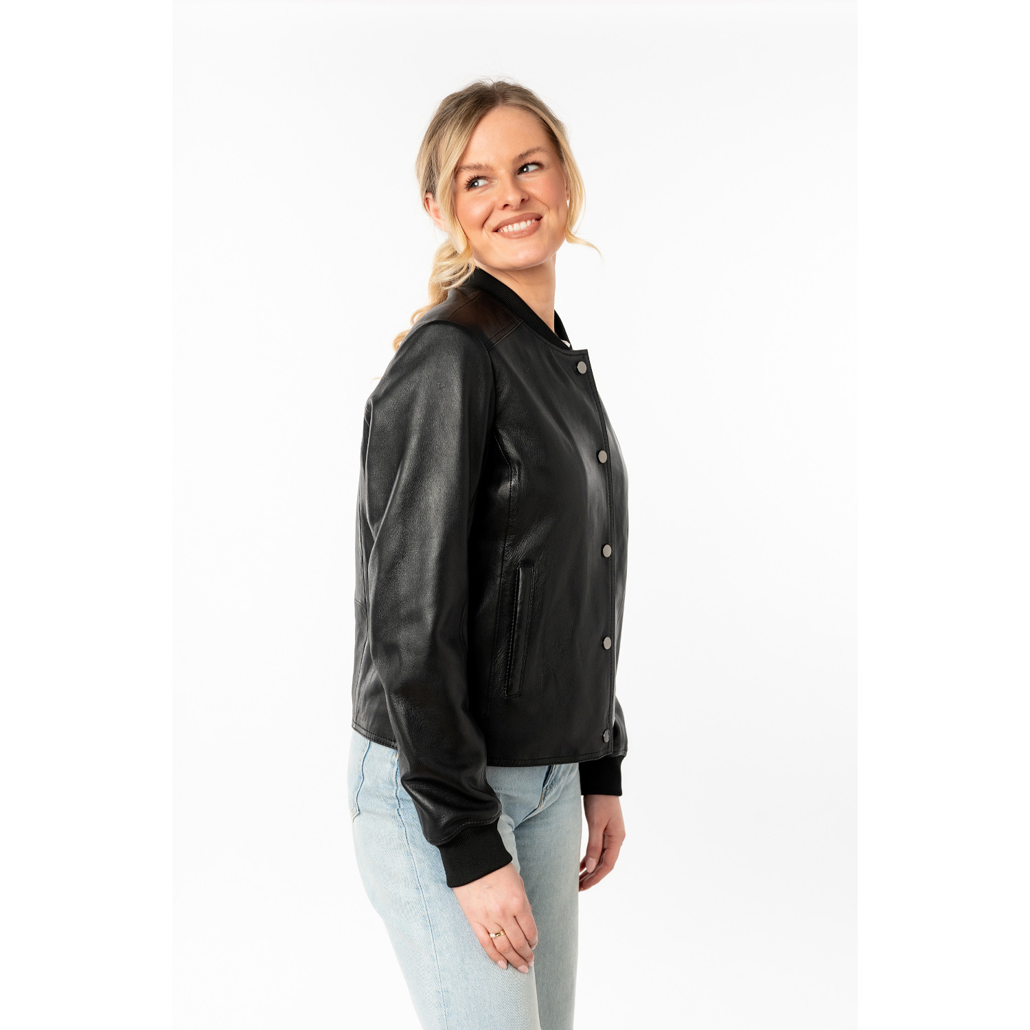 geaca piele dama mauritius neagra mwyele stil bomber capse mansete elastice
